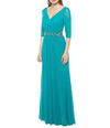 Marina Long Formal 3/4 Sleeve Pleated Chiffon Gown - The Dress Outlet