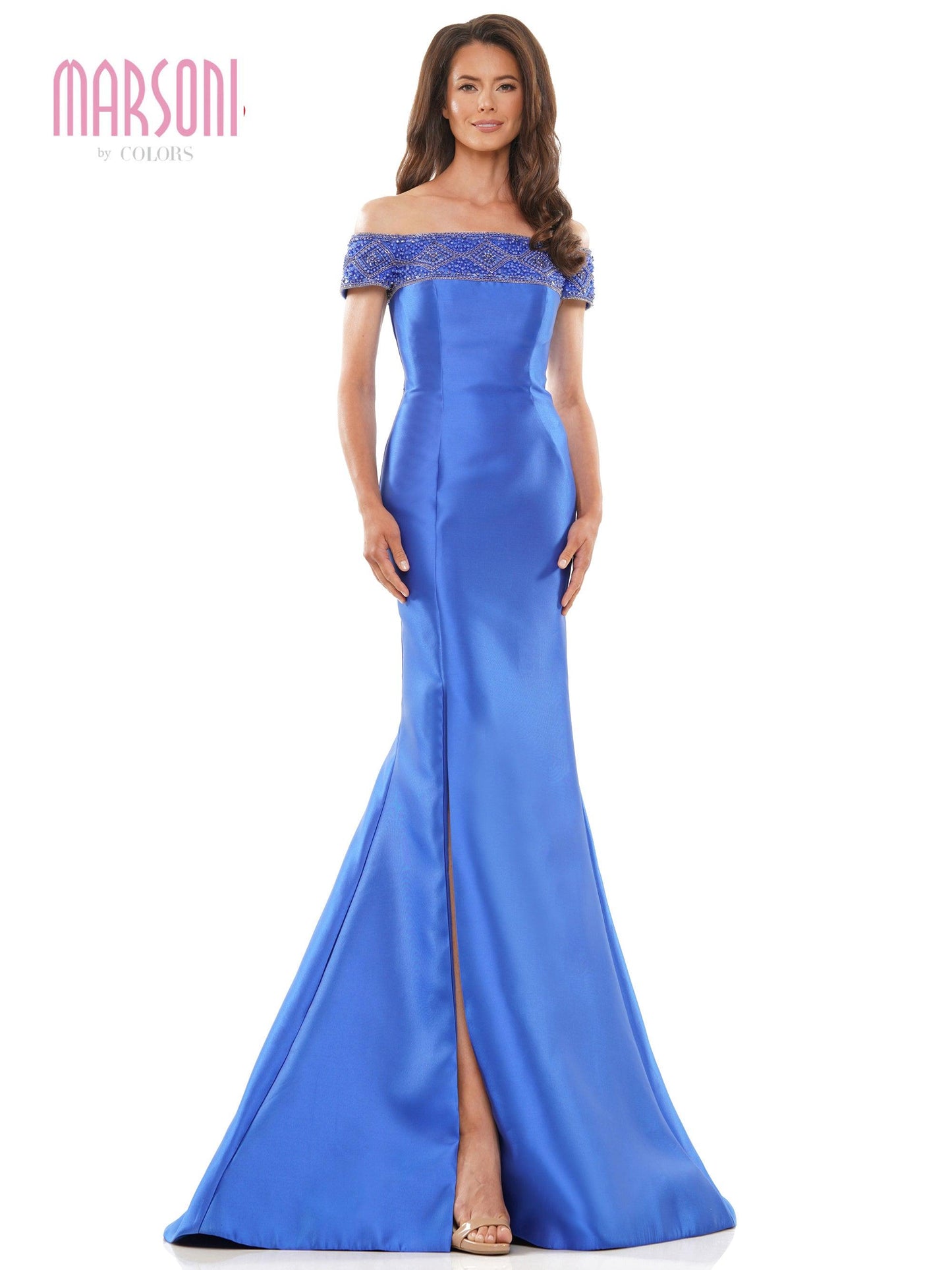 Marsoni Long Off Shoulder Beaded Formal Gown 1184 - The Dress Outlet