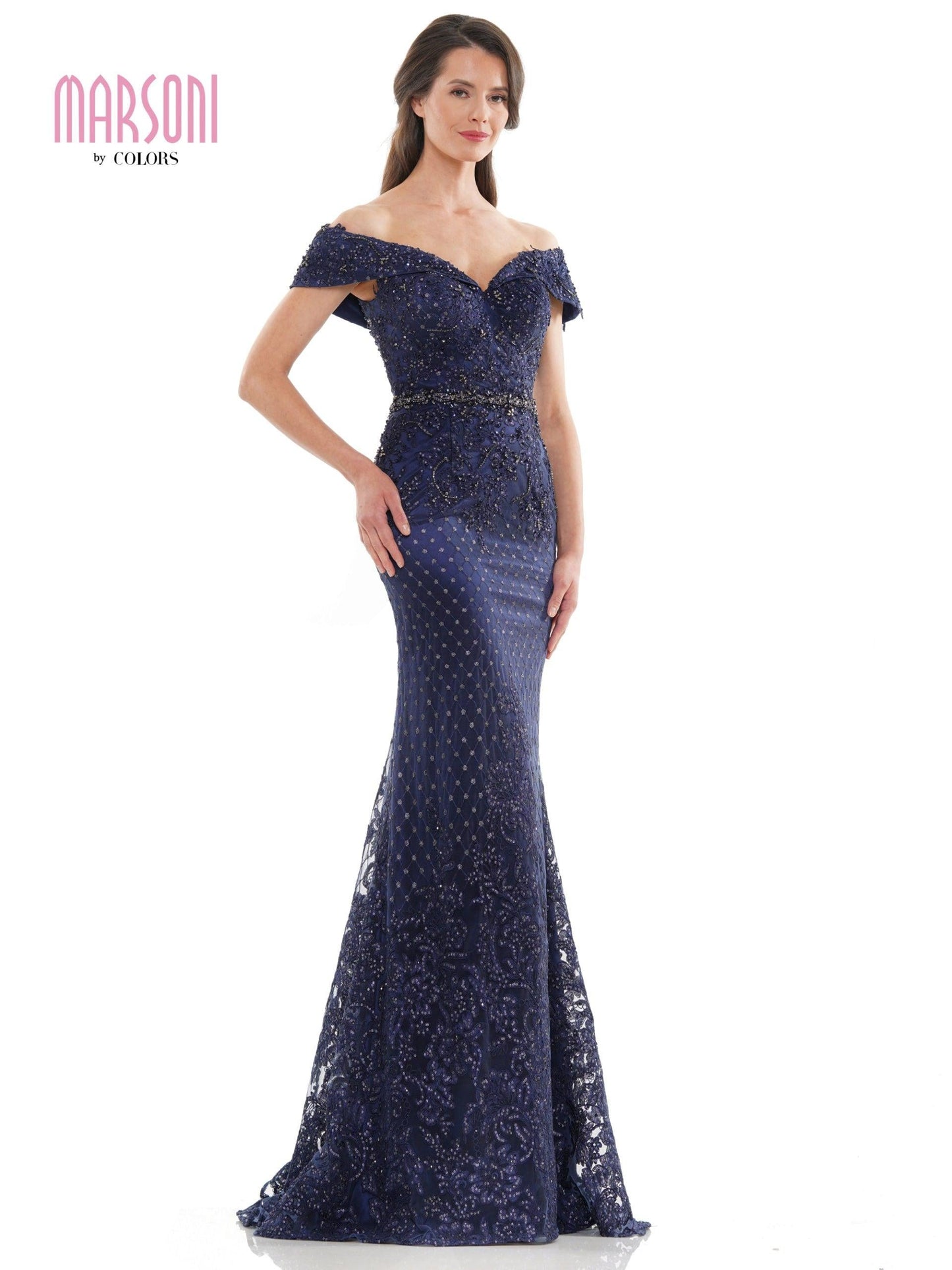 Marsoni Off Shoulder Beaded Long Gown 1122 - The Dress Outlet