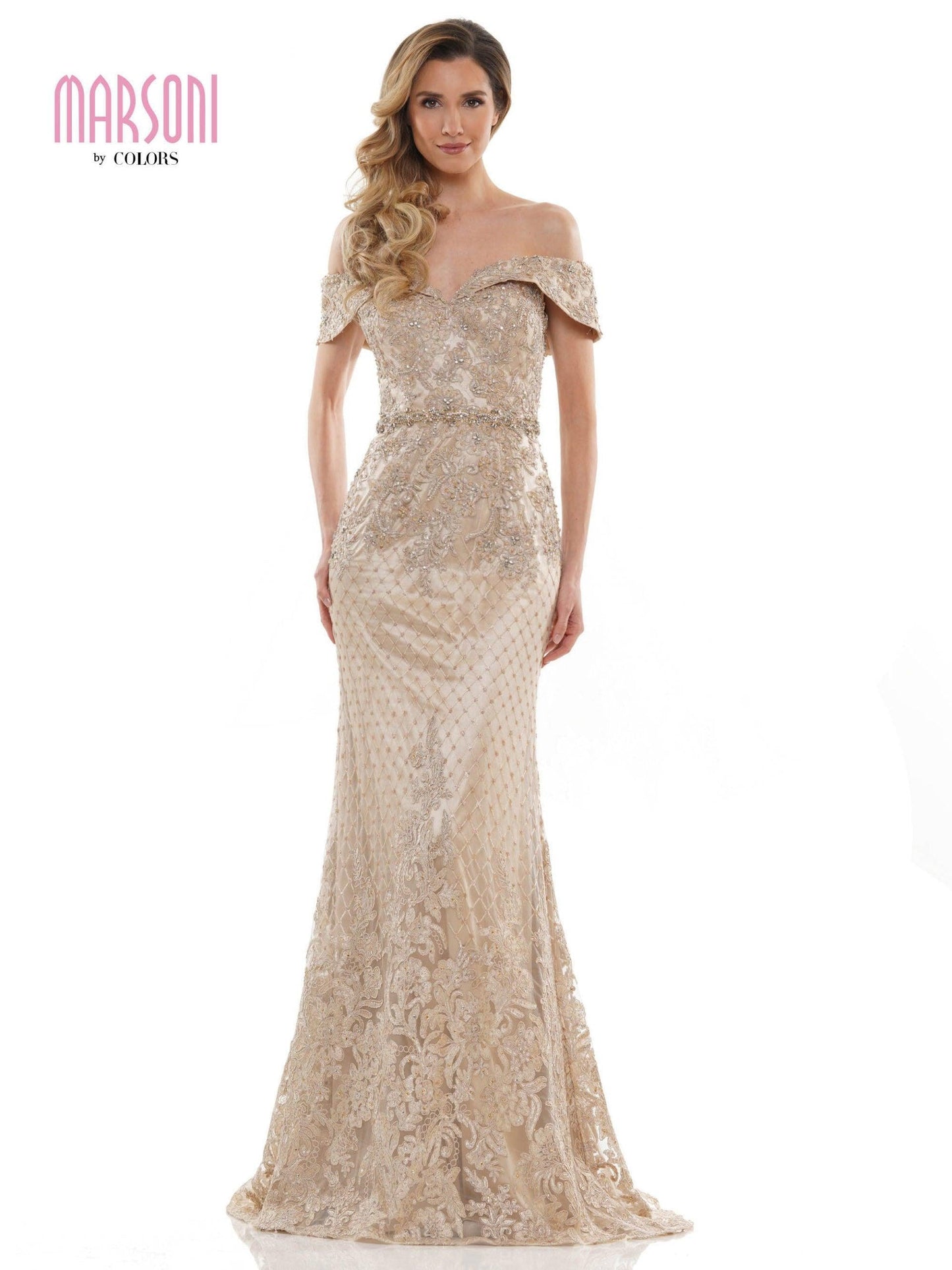 Marsoni Off Shoulder Beaded Long Gown 1122 - The Dress Outlet