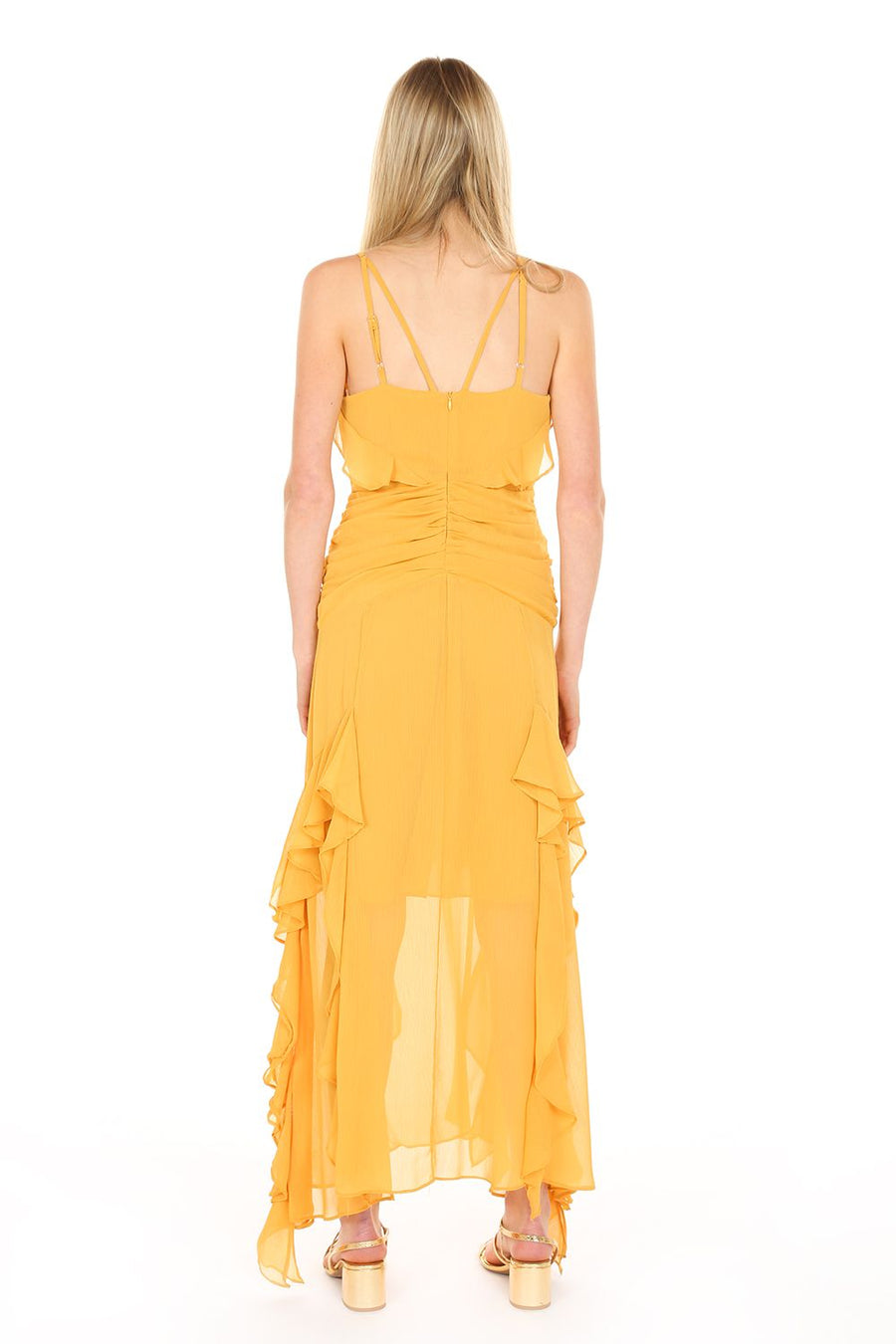 Cocktail Dresses Adjustable Straps Chiffon Ruffled Maxi Dress Yellow