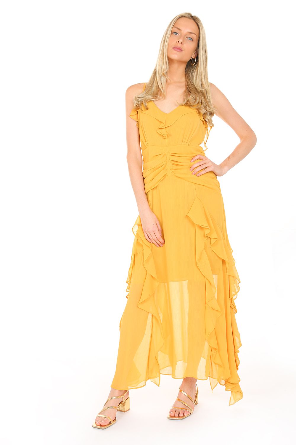 Cocktail Dresses Adjustable Straps Chiffon Ruffled Maxi Dress Yellow