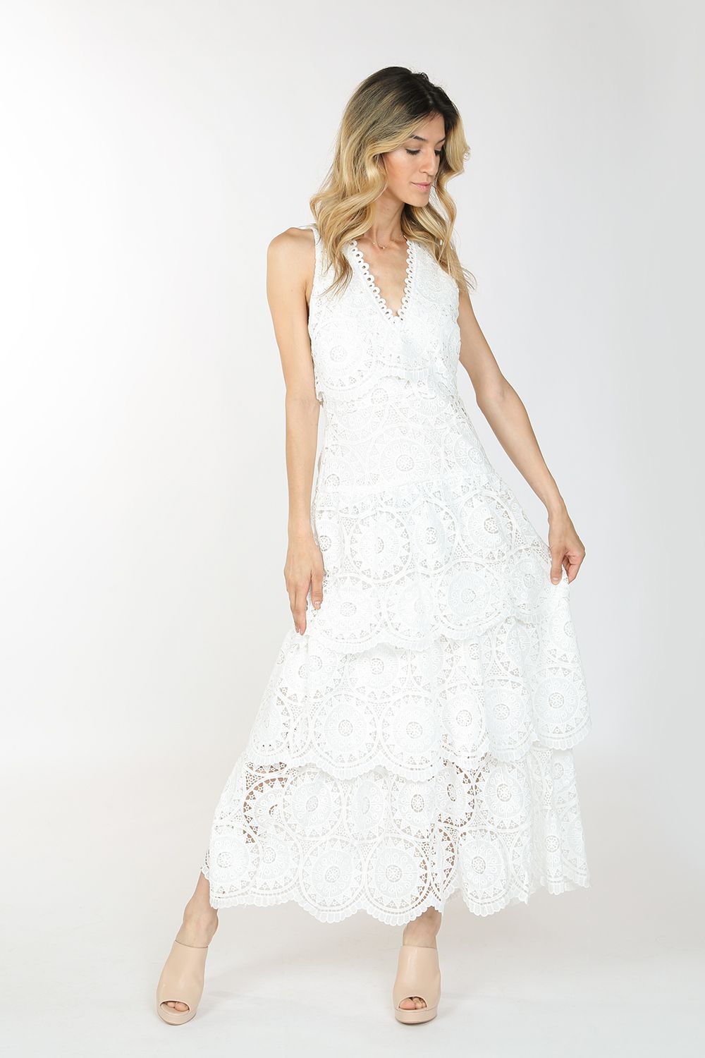 Cocktail Dresses Long Sleeveless V Neck Lace Dress White