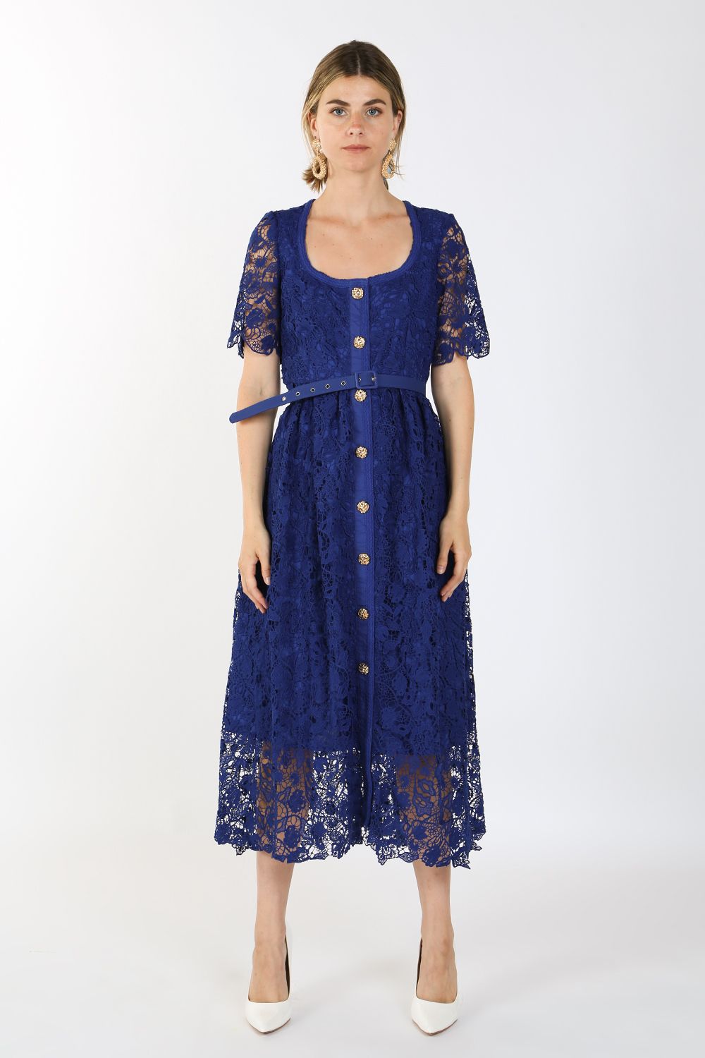 Cocktail Dresses Short Sleeve Square Neck Lace Maxi Dress Blue