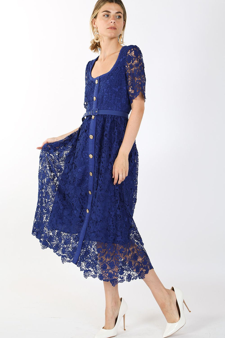 Cocktail Dresses Short Sleeve Square Neck Lace Maxi Dress Blue