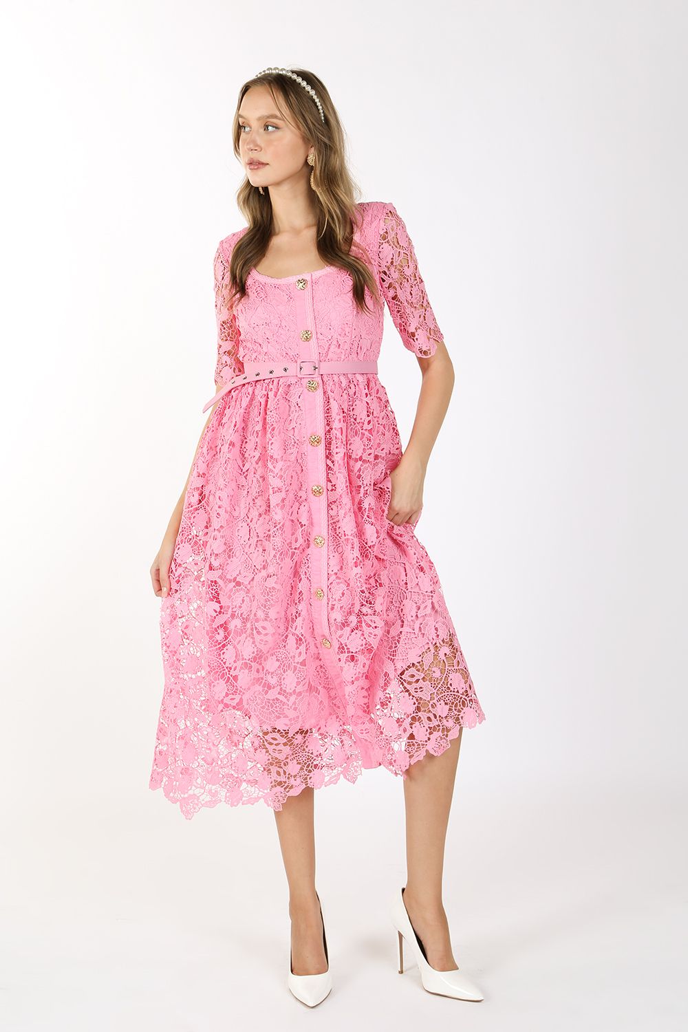 Cocktail Dresses Short Sleeve Square Neck Lace Maxi Dress Pink