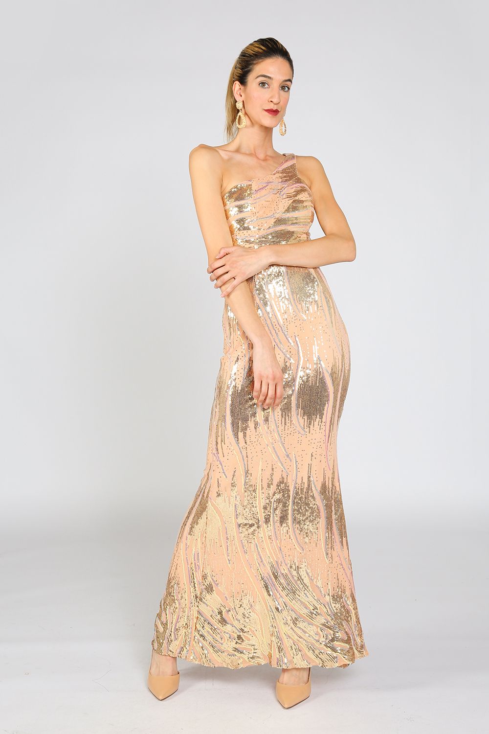 Formal Dresses Long One Shoulder Fitted Maxi Dress Apricot