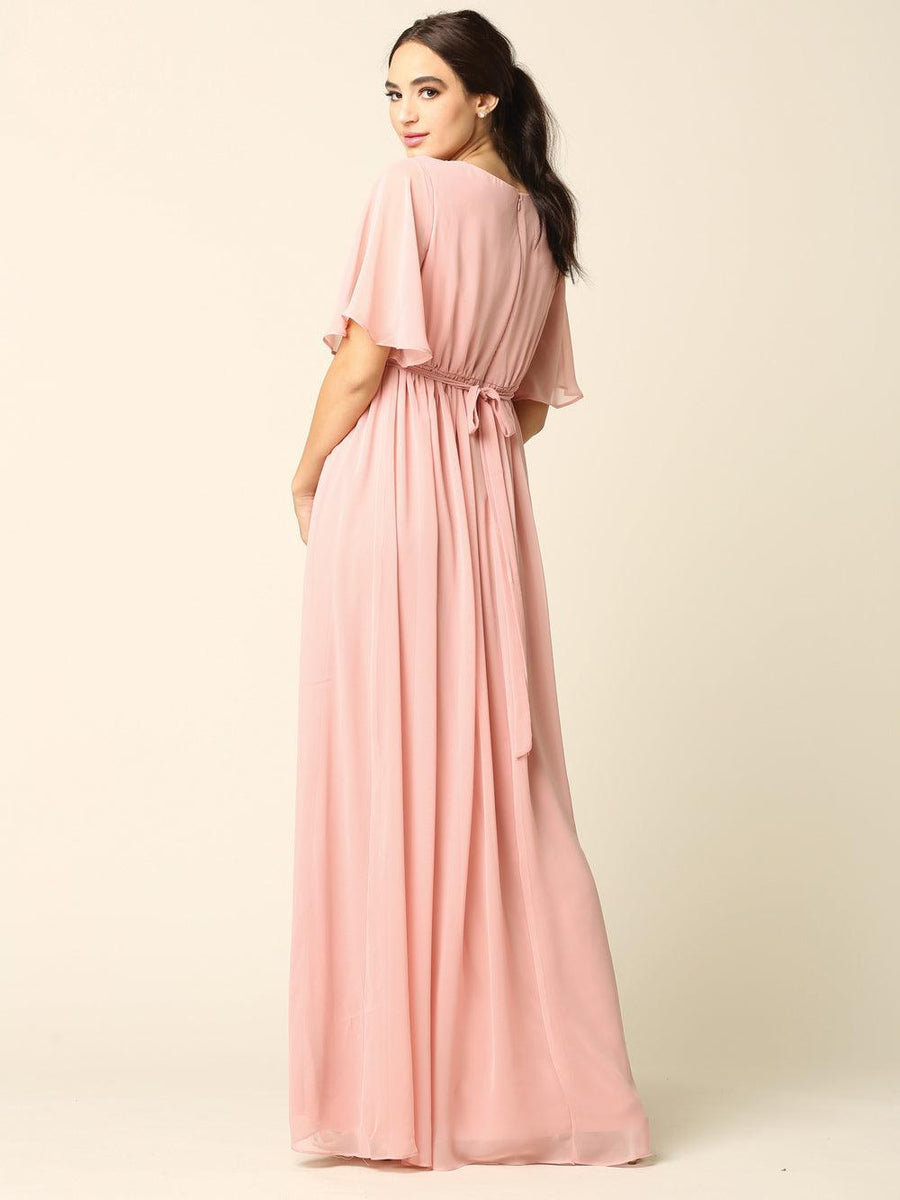 Mother of the Bride Flutter Sleeve Long Dress - The Dress Outlet