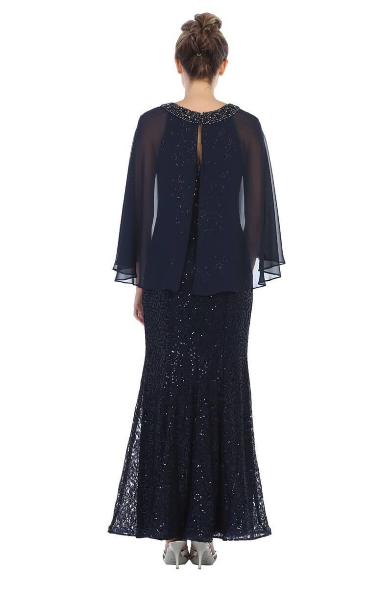 Mother of the Bride Long Formal Cape Dress - The Dress Outlet Eva Fashion