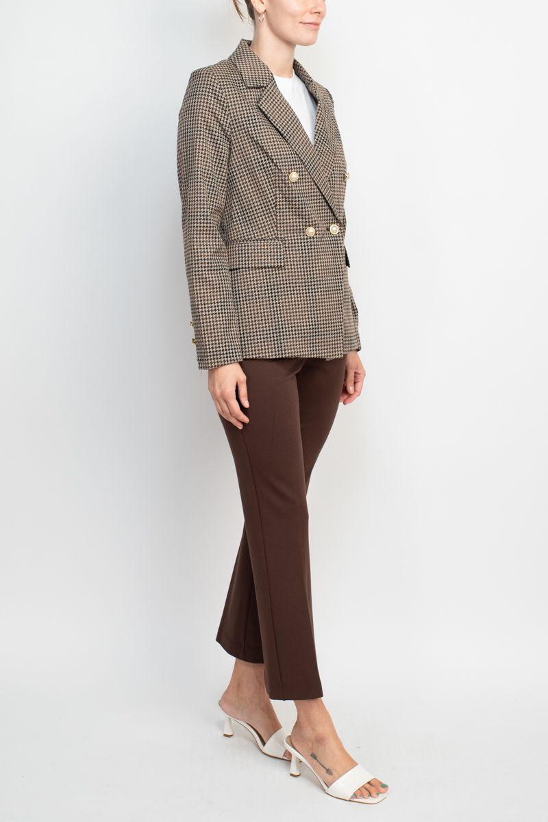 Pant Suit Formal Houndstooth Jacket Mid Waist Straight Pant Suit Beige Brown Black Brown