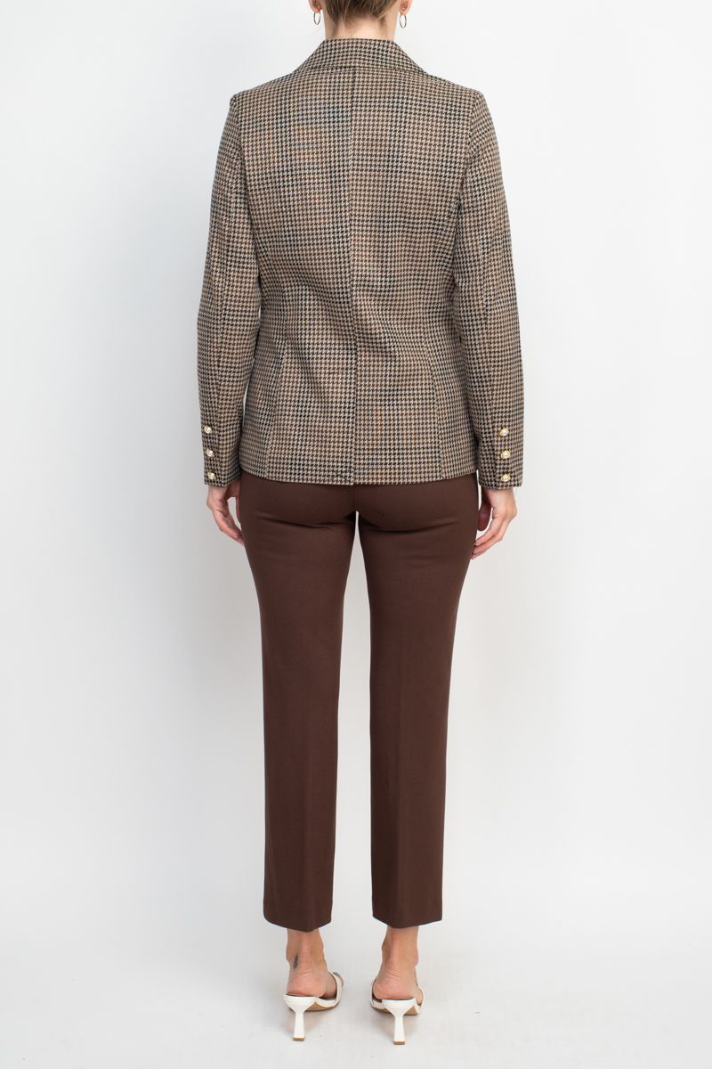 Pant Suit Formal Houndstooth Jacket Mid Waist Straight Pant Suit Beige Brown Black Brown