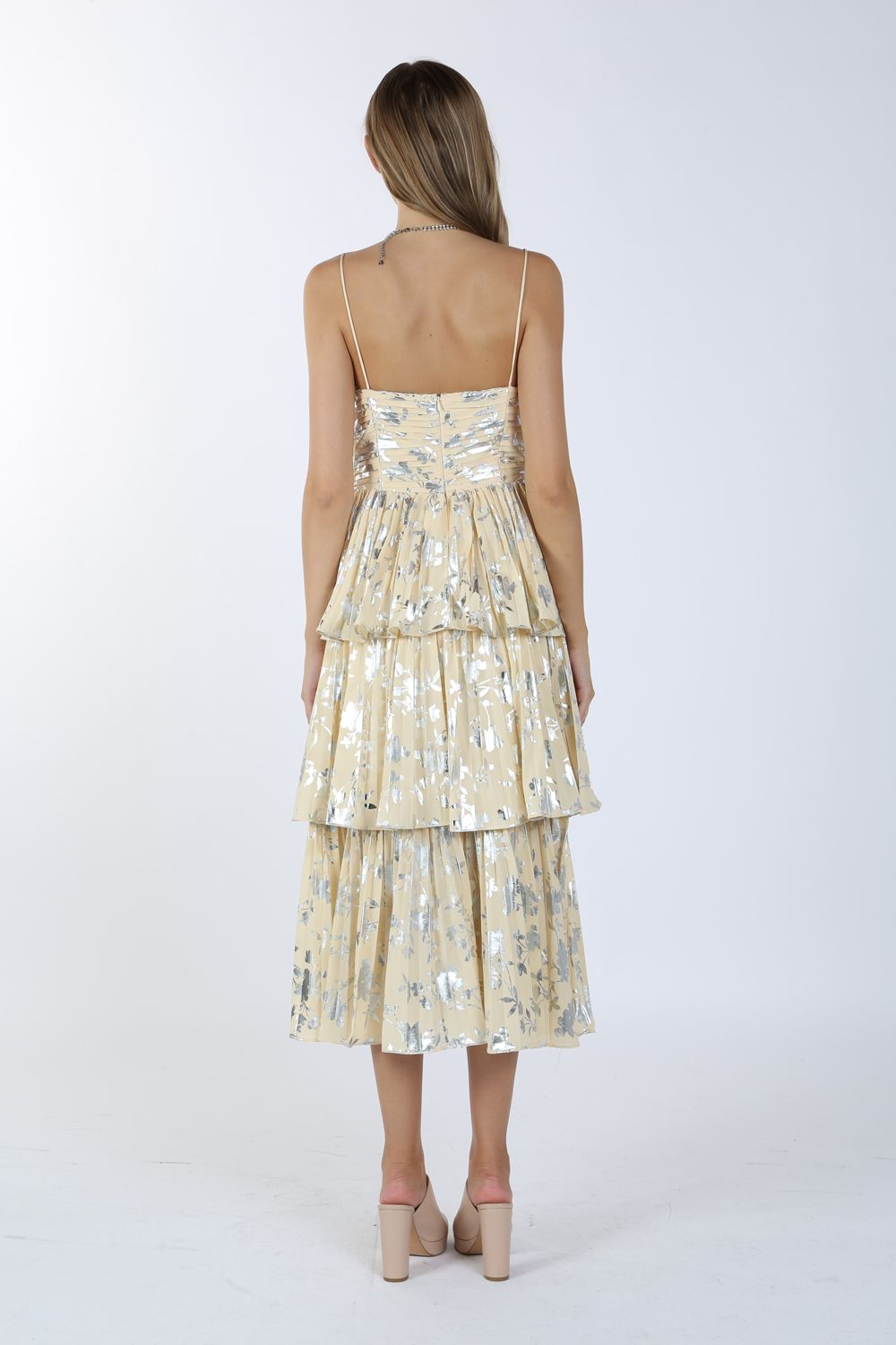 Cocktail Dresses Metallic Spaghetti Strap Printed Tiered Midi Dress Ivory