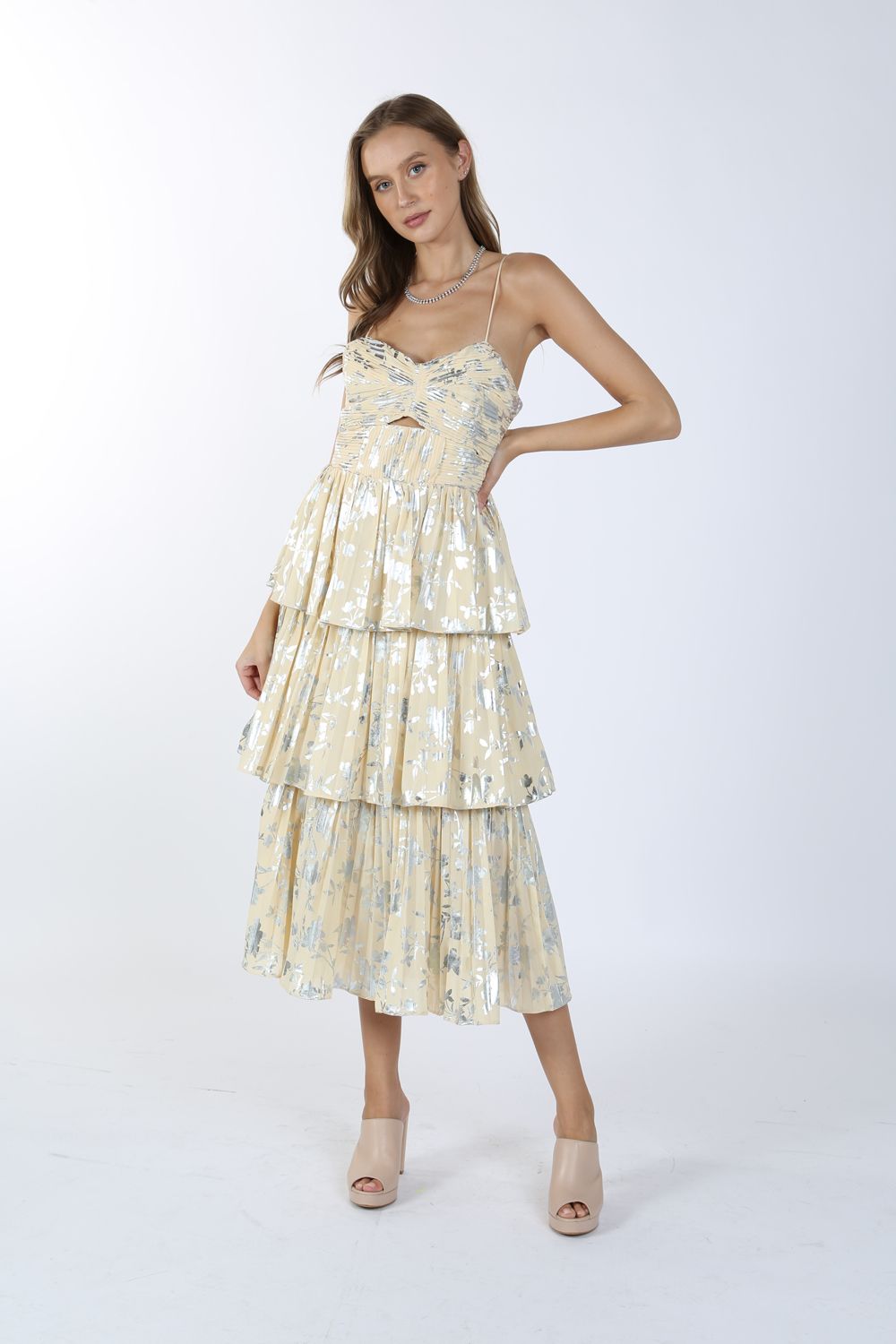 Cocktail Dresses Metallic Spaghetti Strap Printed Tiered Midi Dress Ivory