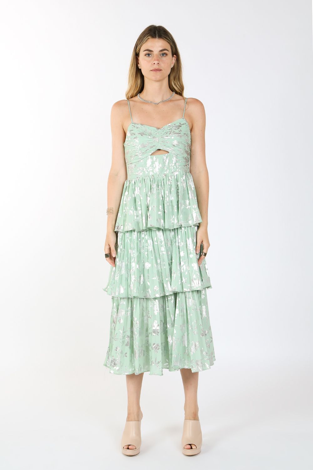 Cocktail Dresses Metallic Spaghetti Strap Printed Tiered Midi Dress Mint