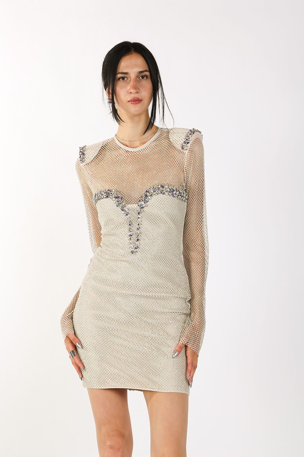 Cocktail Dresses Long Sleeve Diamond Cut Rhinestone Dress Ivory