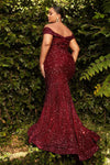 Off Shoulder Long Formal Sequince Dress Burgundy