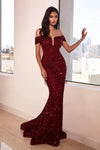 Off Shoulder Long Glittered Prom Dress Burgundy