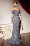 Off Shoulder Long Glittered Prom Dress Midnight Grey