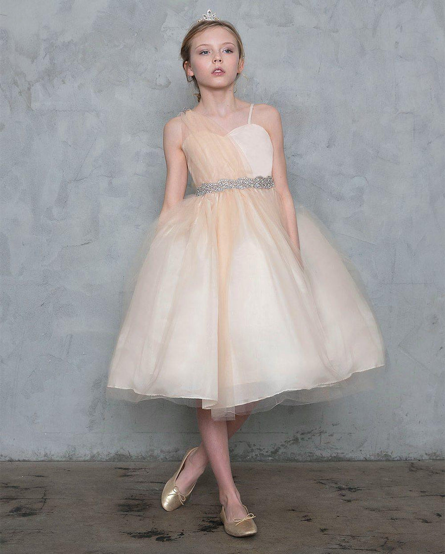 One Shoulder Beaded Flower Girl Dress - The Dress Outlet