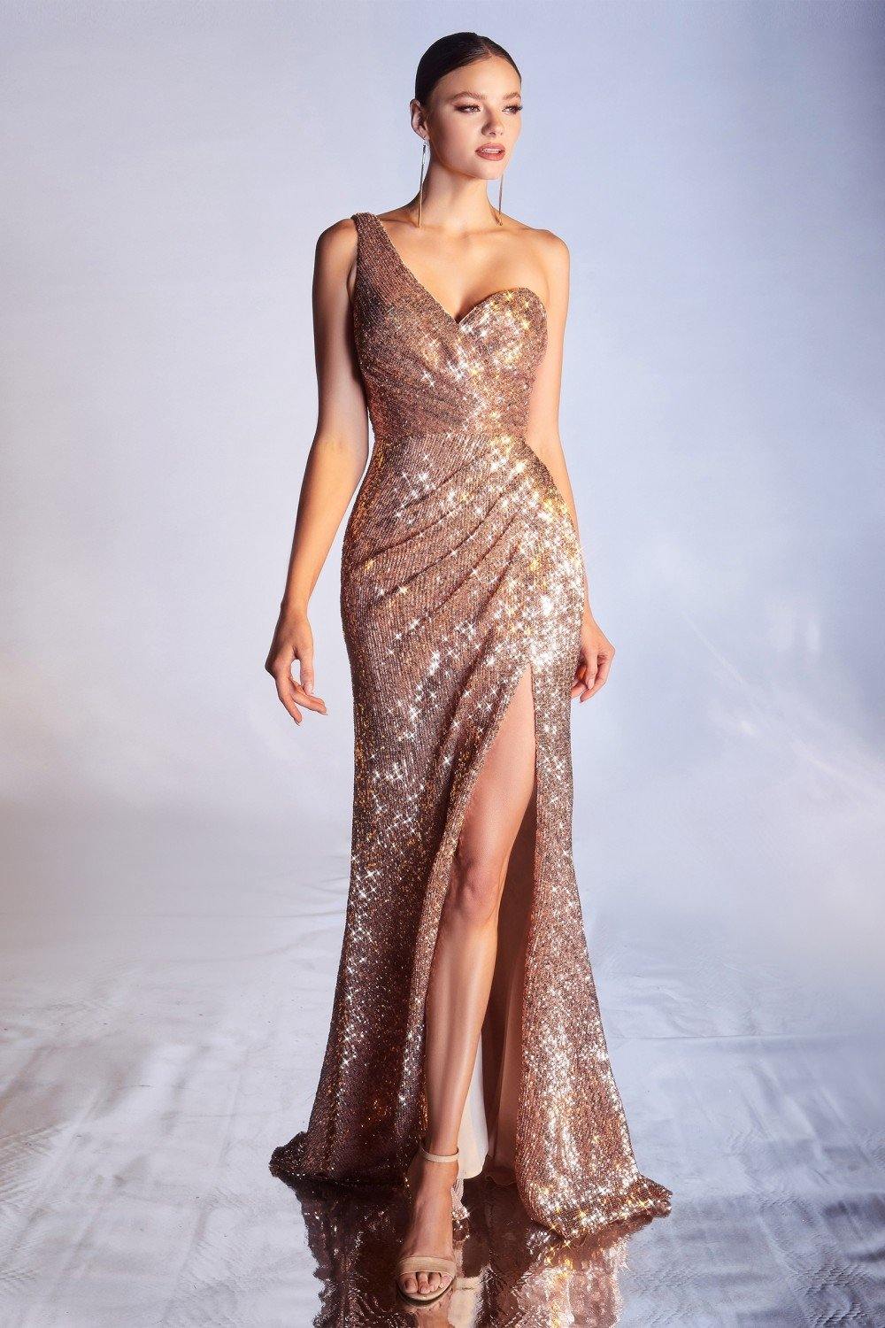 One Shoulder Gold Sequin Sheer Tulle Prom Dress - Xdressy