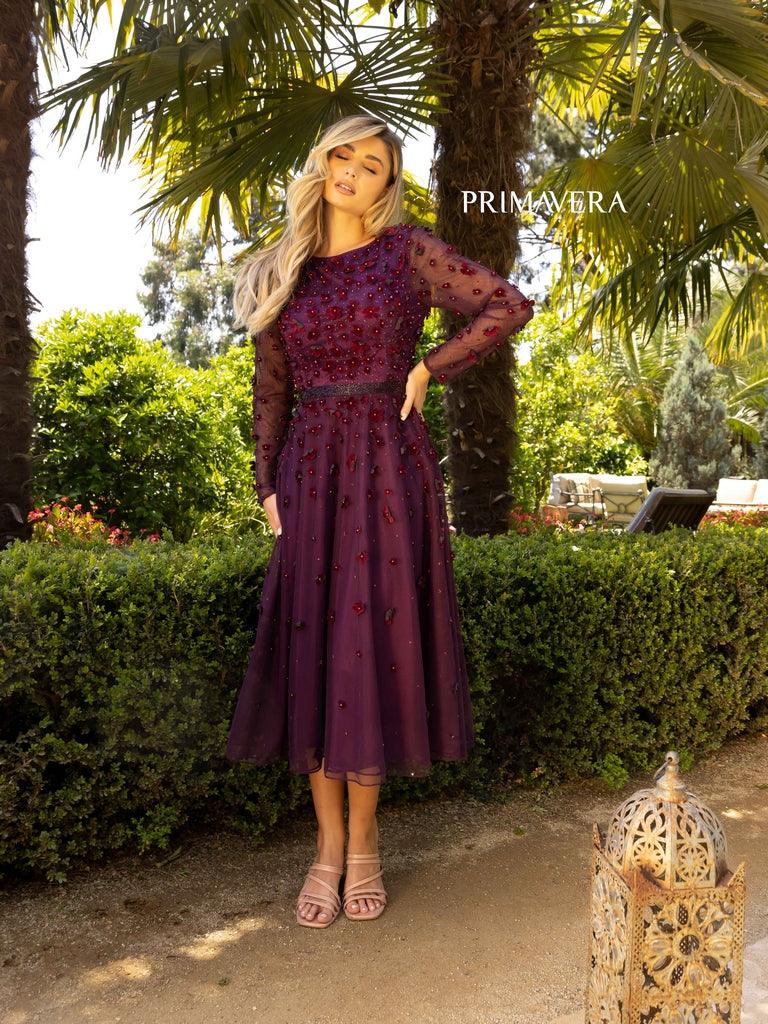 Primavera Couture Long Sleeve Tea Length Dress 11072 - The Dress Outlet