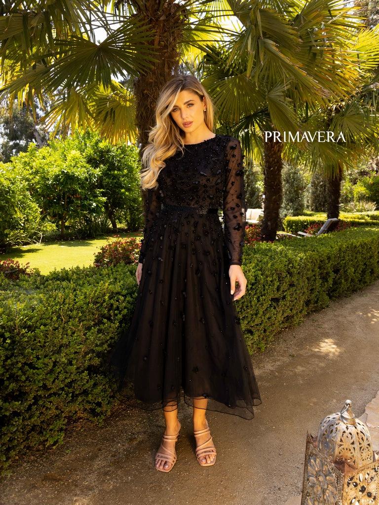 Primavera Couture Long Sleeve Tea Length Dress 11072 - The Dress Outlet