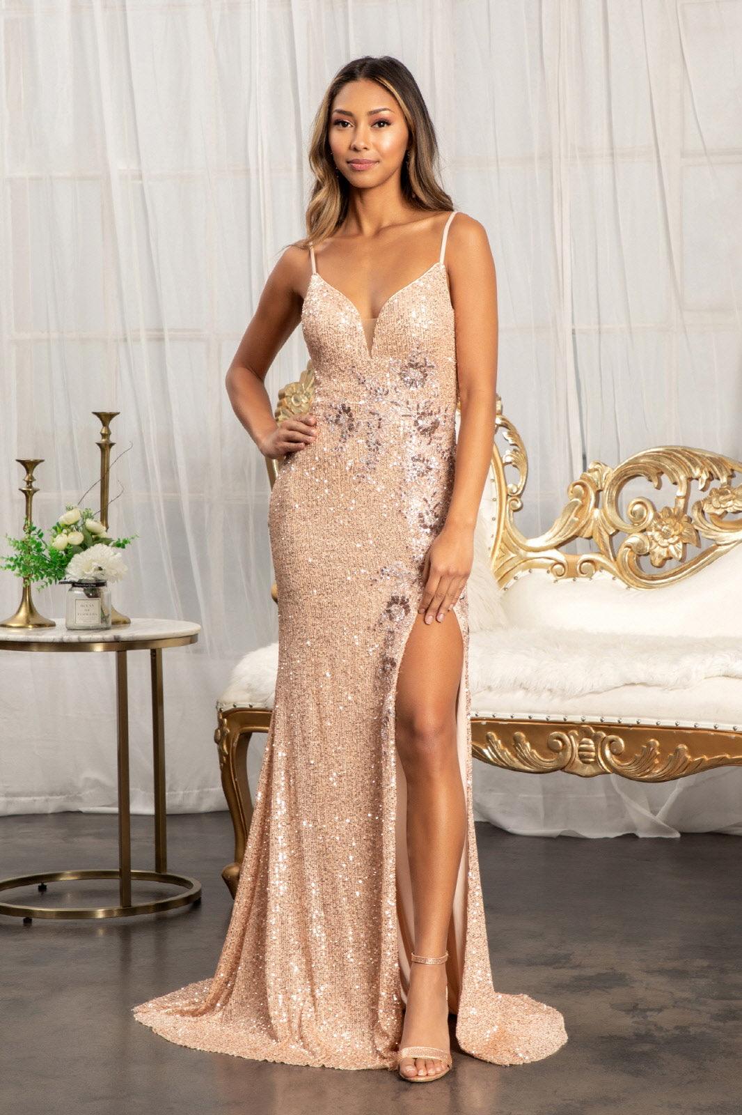 Prom Long Spaghetti Strap Sequins Formal Dress - The Dress Outlet