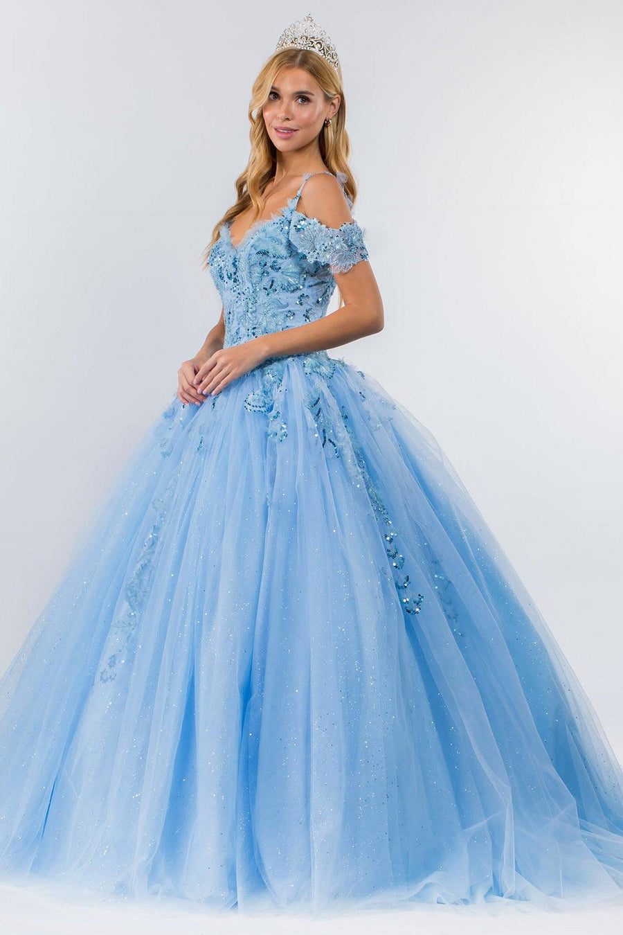 Quinceanera Cold Shoulder Long Sequin Dress - The Dress Outlet