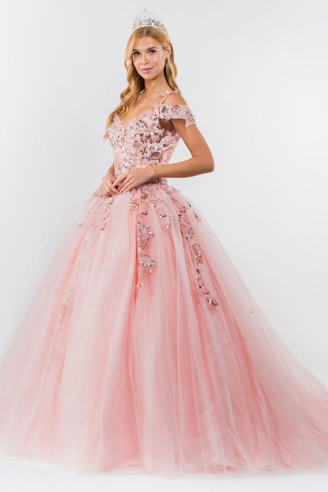 Quinceanera Cold Shoulder Long Sequin Dress - The Dress Outlet