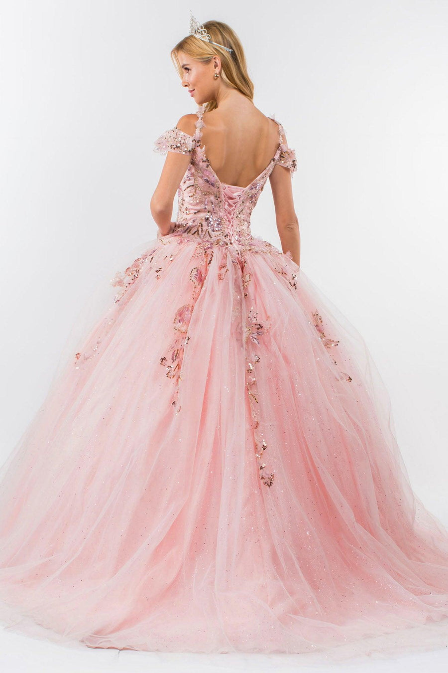 Quinceanera Cold Shoulder Long Sequin Dress - The Dress Outlet