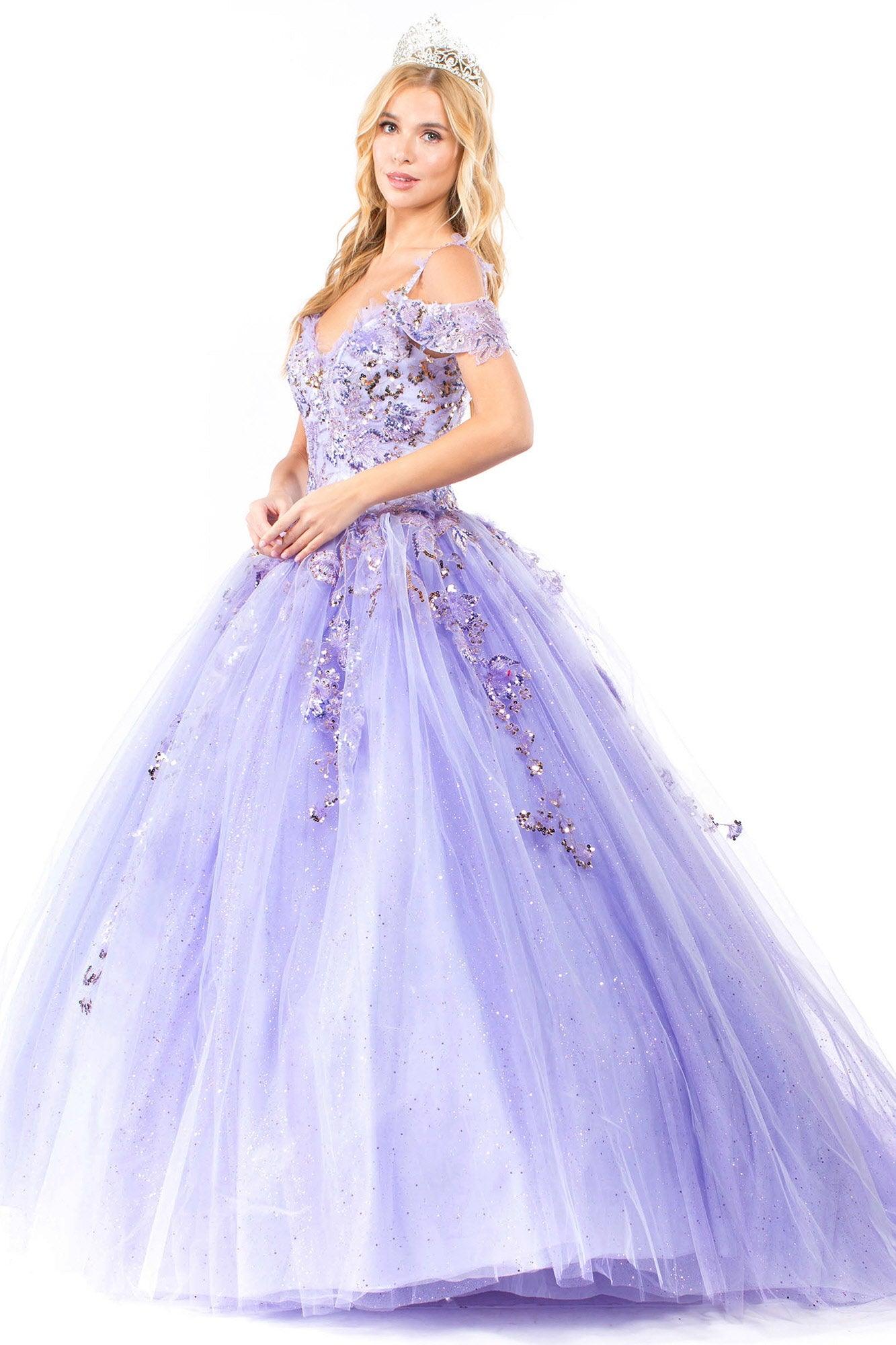 Quinceanera Cold Shoulder Long Sequin Dress - The Dress Outlet