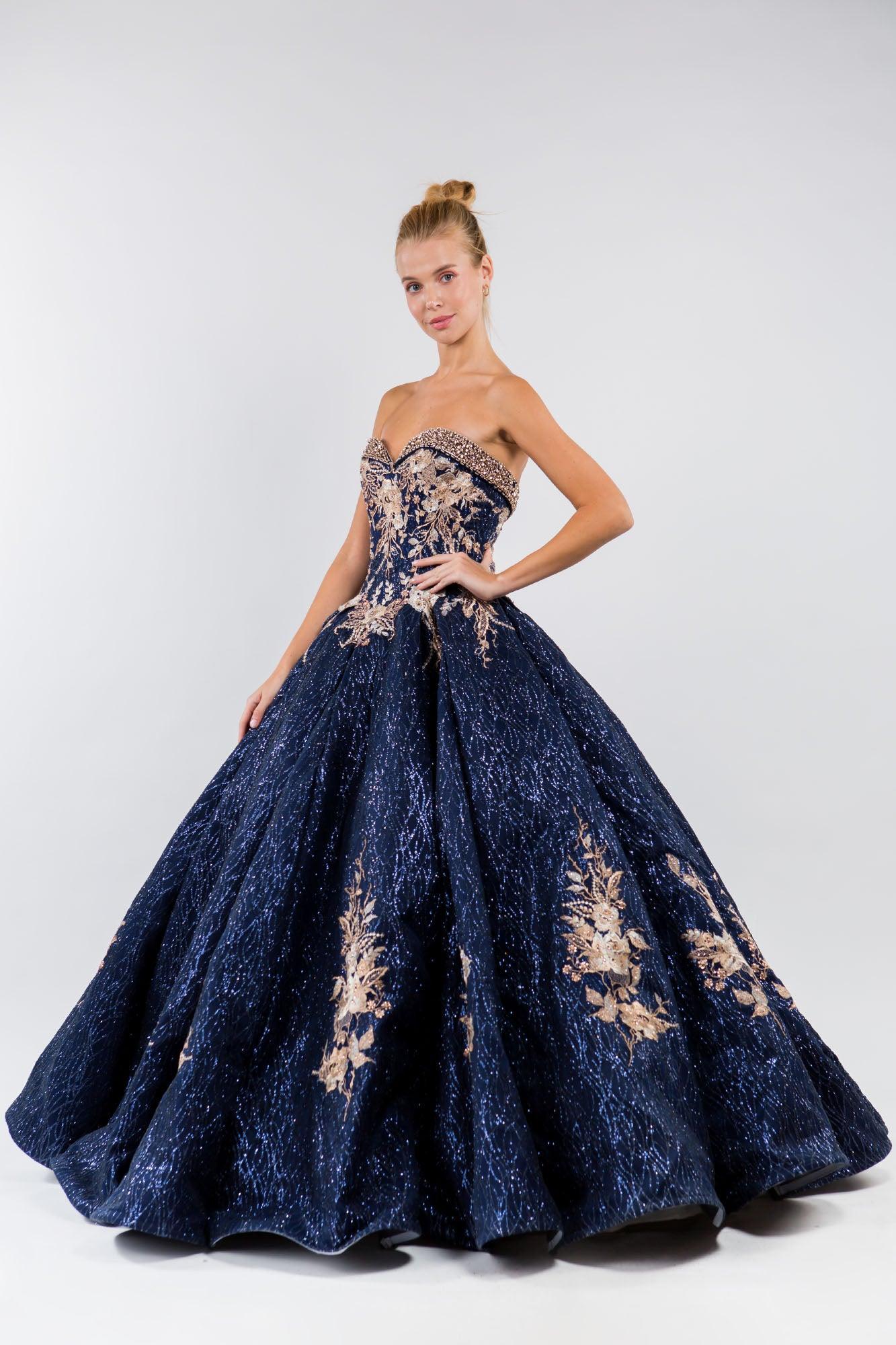 Rose Gold Quinceanera Floral Glitter Long Strapless Dress for $806.99 ...