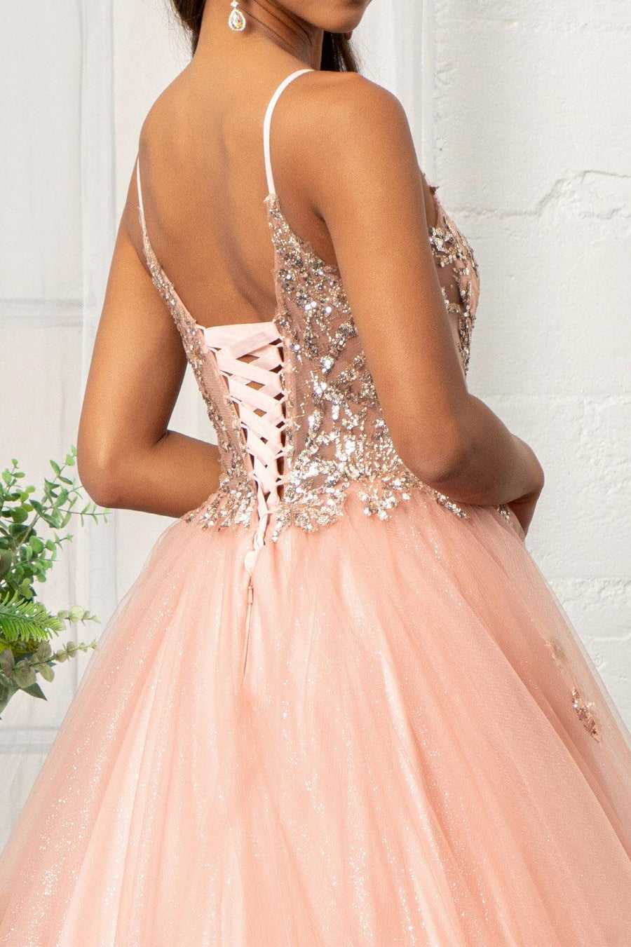 Quinceanera Long Spaghetti Strap Glitter Ball Gown - The Dress Outlet