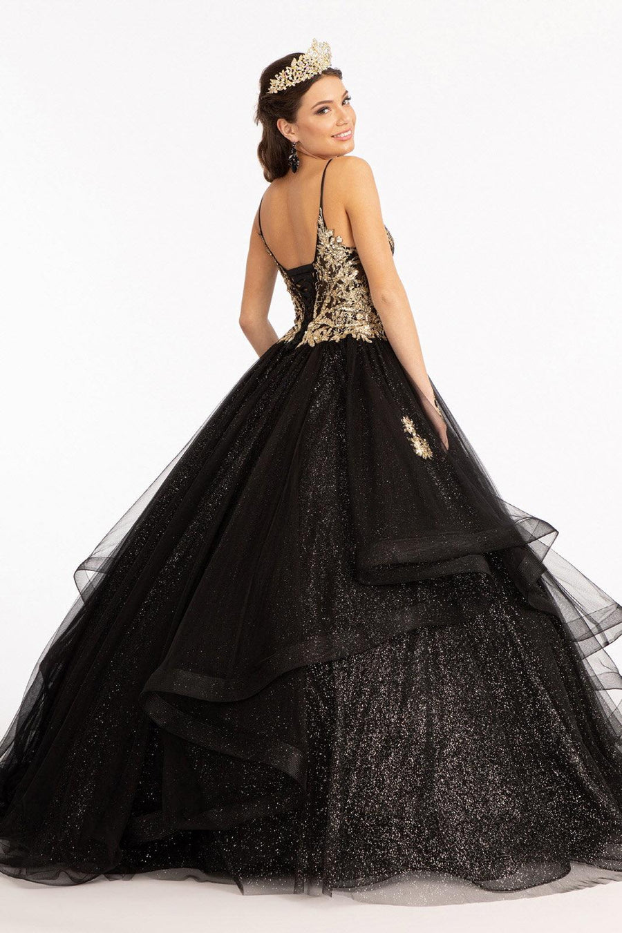 Quinceanera Long Spaghetti Strap Glitter Ball Gown - The Dress Outlet