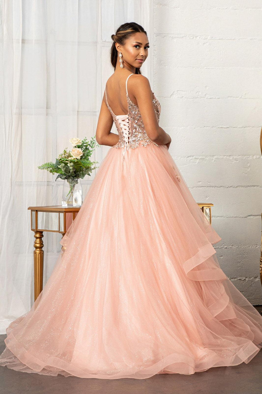 Quinceanera Long Spaghetti Strap Glitter Ball Gown - The Dress Outlet