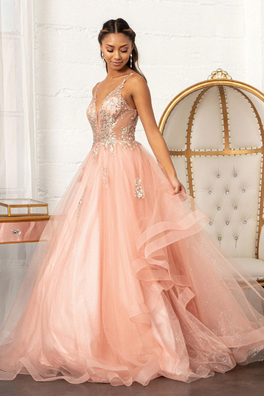 Quinceanera Long Spaghetti Strap Glitter Ball Gown - The Dress Outlet