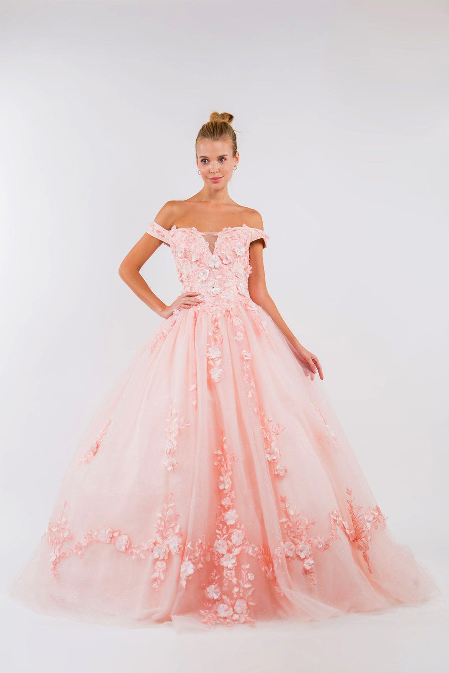 Quinceanera Off Shoulder Long Mesh Dress - The Dress Outlet