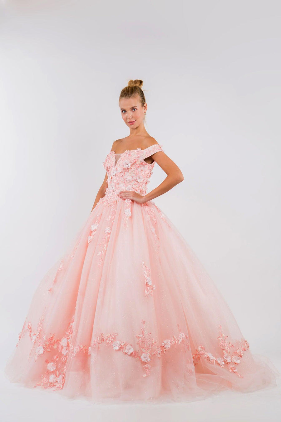 Quinceanera Off Shoulder Long Mesh Dress - The Dress Outlet