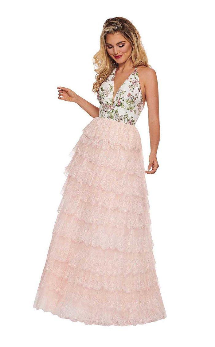 Rachel Allan Prom Long Floral Halter Dress 6555CL - The Dress Outlet