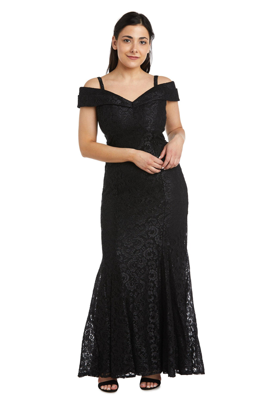 R&M Richards Long Off Shoulder Petite Lace Gown 2047P - The Dress Outlet