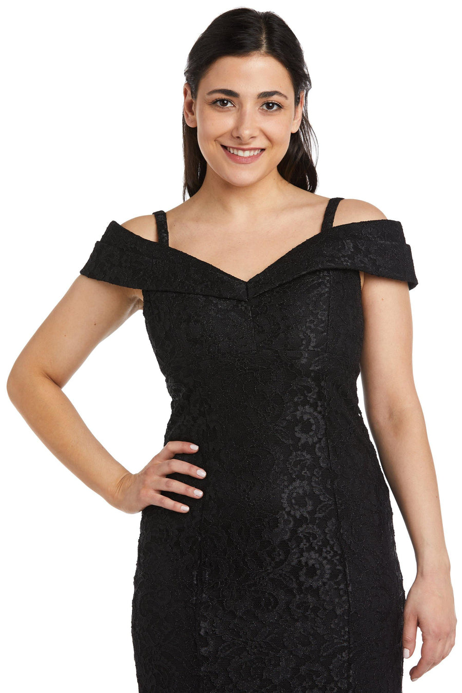 R&M Richards Long Off Shoulder Petite Lace Gown 2047P - The Dress Outlet