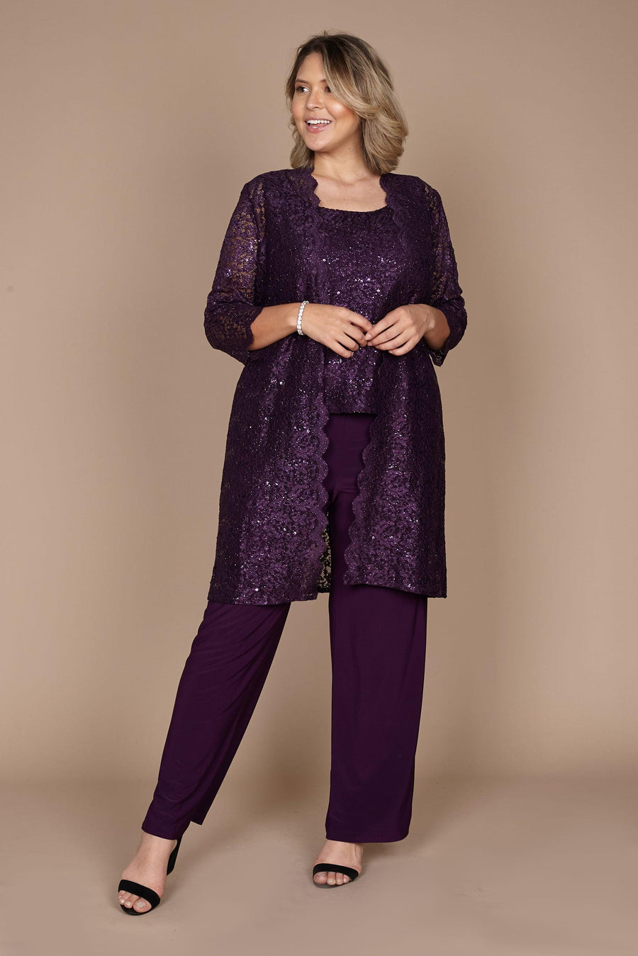 Pant Suit Metallic Lace Petite Pant Suit Plum