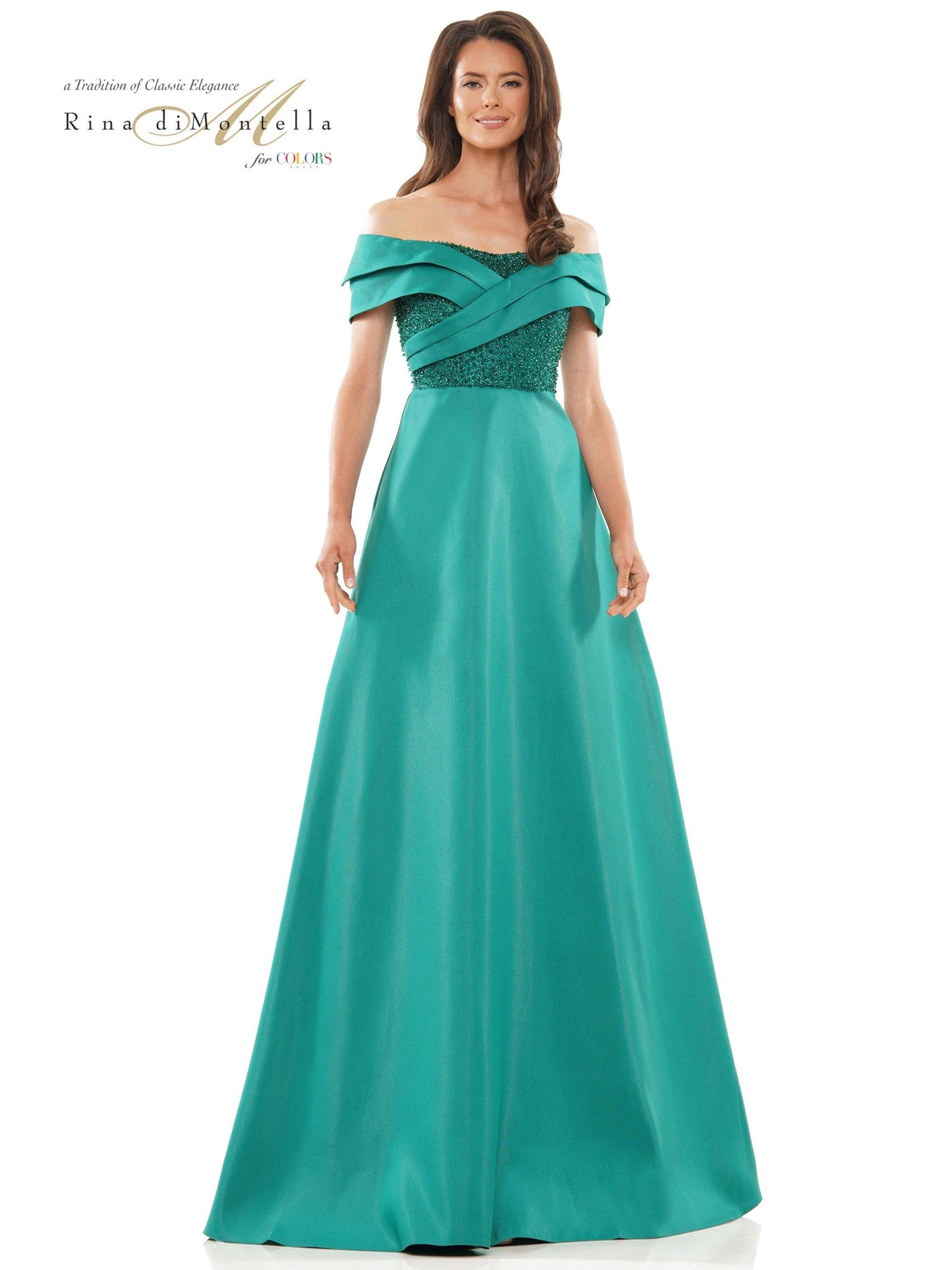 Rina di Montella Long Off Shoulder Formal Dress 2812 - The Dress Outlet