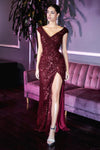 Sequin Fitted Long Prom Dress Burgundy