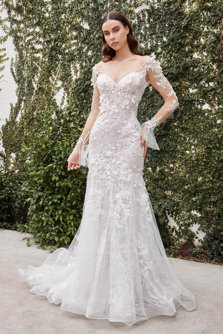 Sheer Sleeves Long Wedding Dress - The Dress Outlet