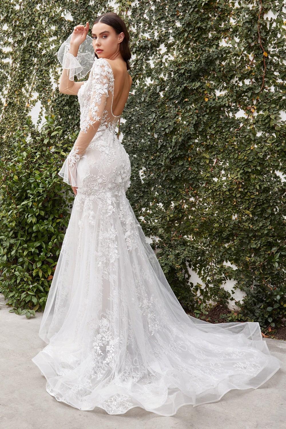 Sheer Sleeves Long Wedding Dress - The Dress Outlet