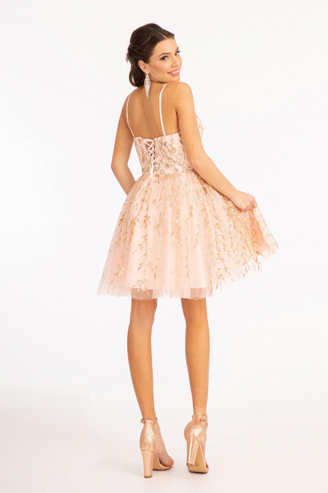 Short Spaghetti Strap Glitter Mesh Cocktail Dress - The Dress Outlet