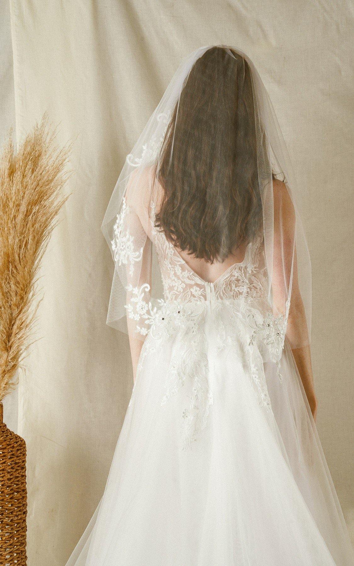 Modest Tulle Short Wedding Veil With Lace Appliques,WV0119
