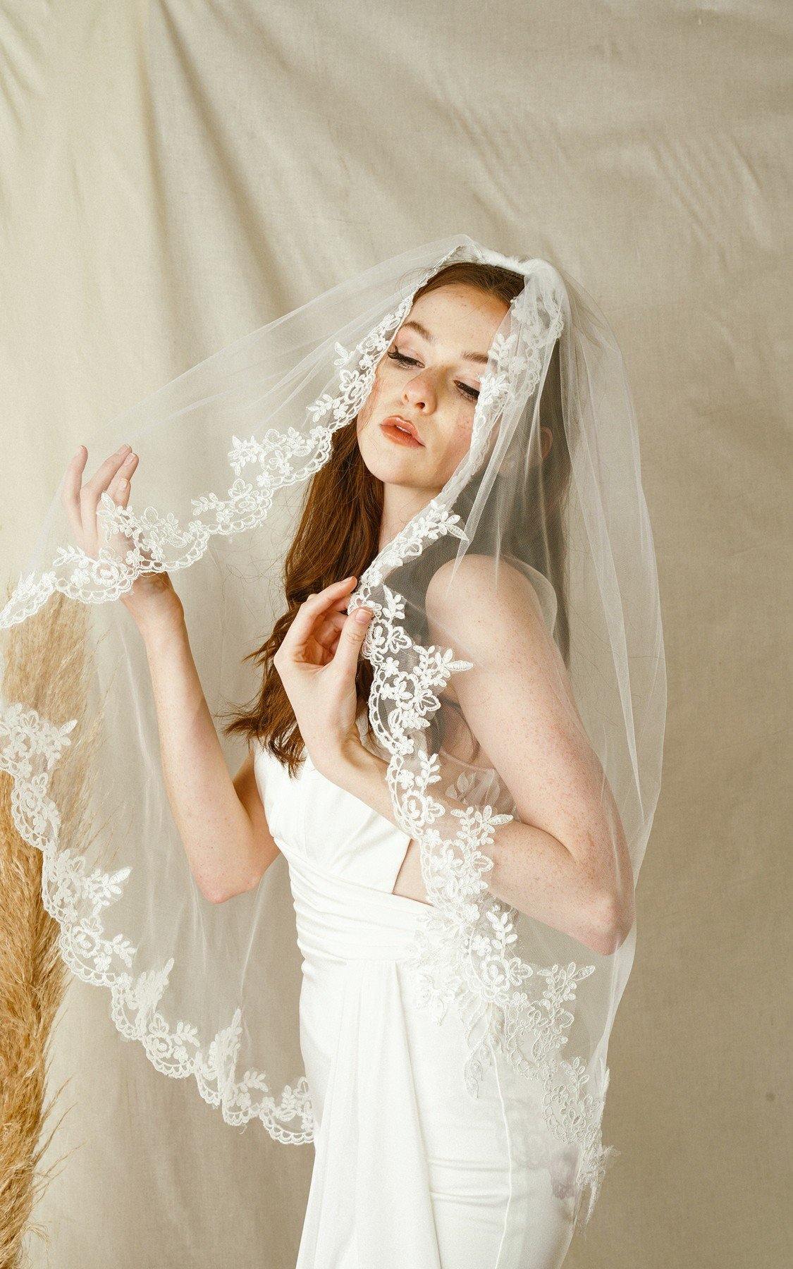 Short Waist Length Embroidered Wedding Veil - The Dress Outlet