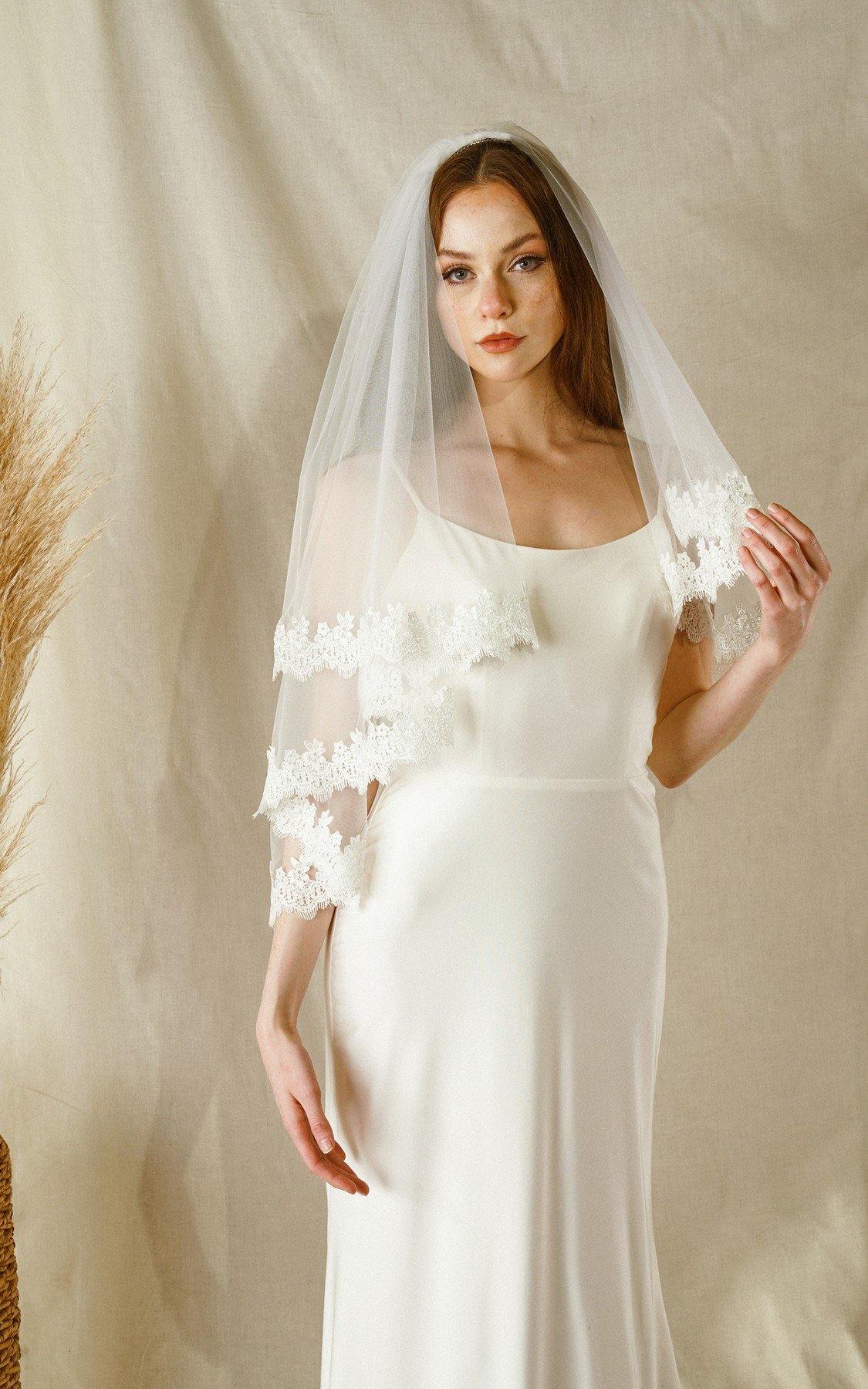 Short Waist Wedding Botanical Embroidery Bridal Veil - The Dress Outlet